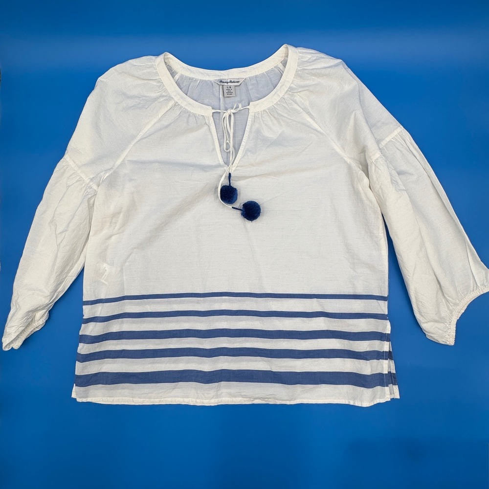 Tommy Bahama Womens White Blue Striped Cotton Tassel Peasant Blouse Large